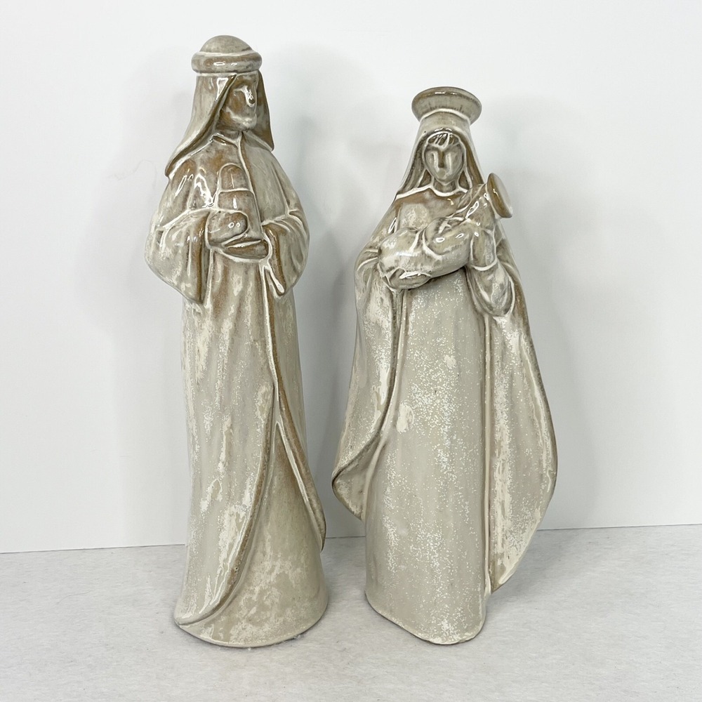 Holy Family Earthenware Glazed Clay Nativity Figurines Set Of 2 Vintage - Picture 4 of 14
